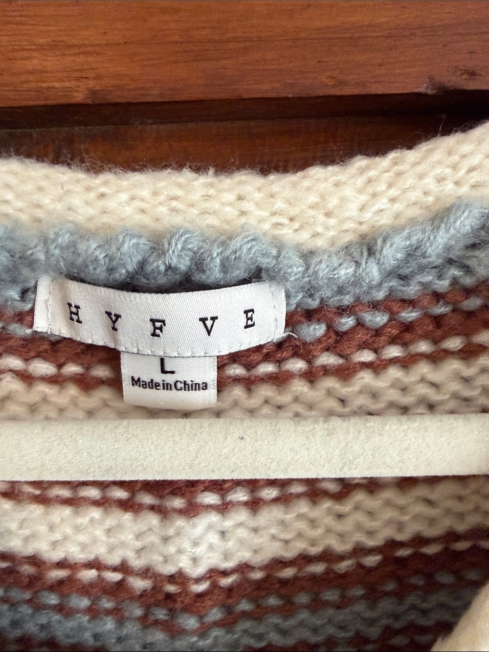 HYFVE Striped V-Neck Pocket Sweater in Cream, Brown & Light Blue - Picture 2 of 4